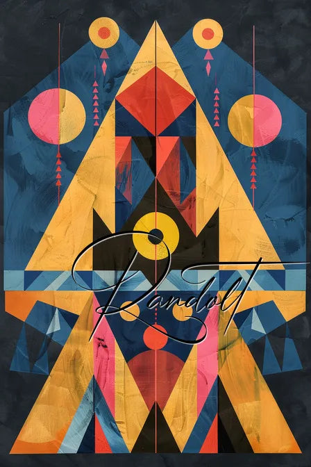 Geometric, abstract art with vibrant colors including yellow, blue, red, and pink triangles and circular shapes against a dark background. The word 'Paradise' is artistically written across the center.