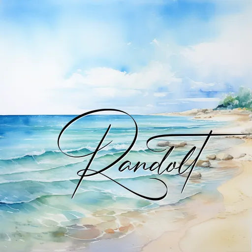 Serene coastal landscape painting with gentle waves lapping a sandy beach. The sky is light blue with soft clouds. Signature 'Randolt' is overlaid in elegant handwriting across the scenery.