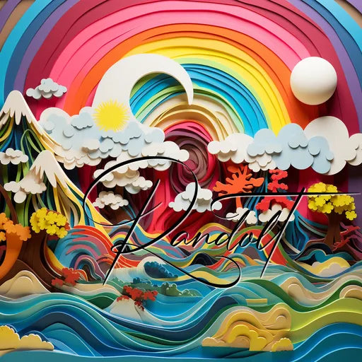 Intricate paper art landscape featuring colorful layers, mountains, trees, ocean waves, clouds, a rainbow, and a sun.