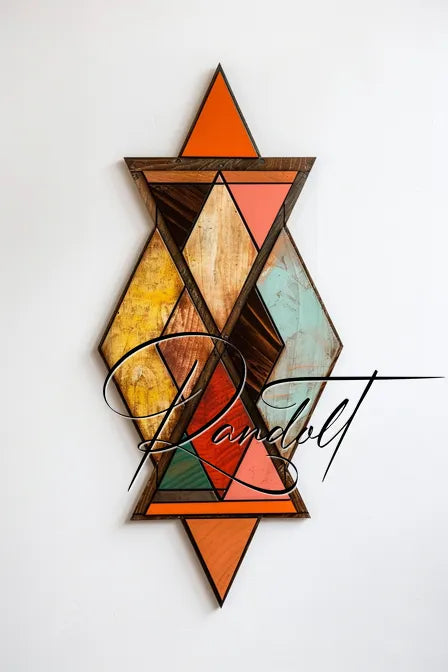 Geometric wall art with a combination of colorful triangles and diamond shapes in orange, yellow, green, and brown hues, overlaid with the text 'Randolt' in a cursive font.