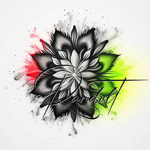 Black and white flower design with splashes of red and green in the background. Script signature 'Randall' overlays the center.