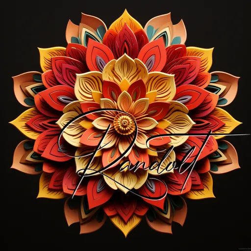 Intricate mandala design with multi-layered petals in shades of red, orange, and yellow, set against a black background with cursive text overlay.