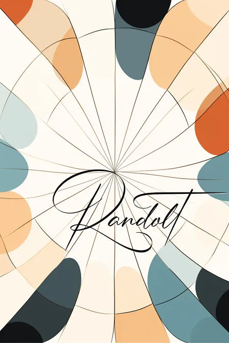 Abstract design featuring a circular pattern with overlapping triangular shapes in shades of beige, orange, blue, and black, centered on the word 'Randolt' in elegant cursive font.