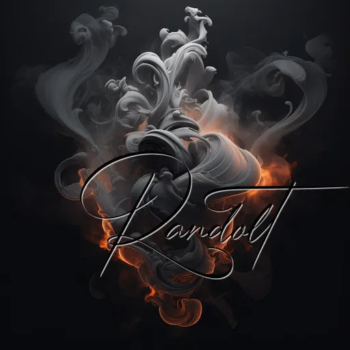 Abstract digital art featuring swirling, smoke-like patterns in shades of white and gray against a dark background, with the word 'Randolt' written in elegant cursive font in the foreground.