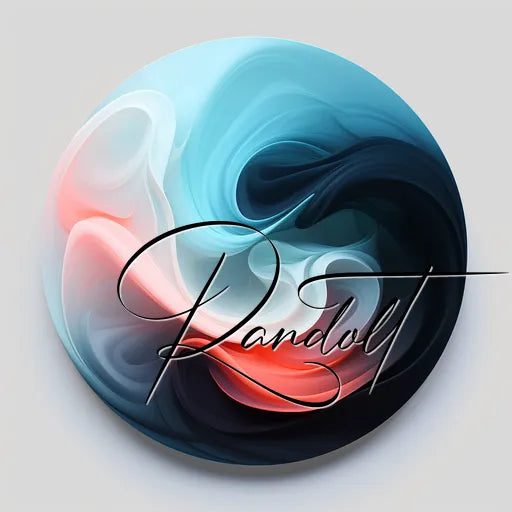 Abstract circular design with swirling shades of blue, pink, and black, featuring the word 'Randolf' in elegant cursive at the center.