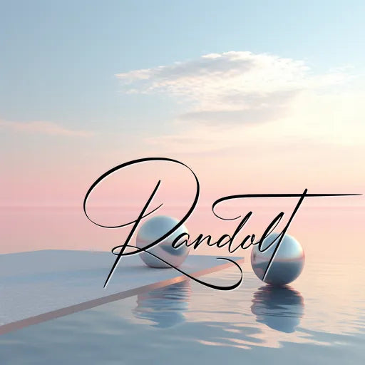 Elegant design featuring the word 'Randolt' in cursive script over a serene landscape with a reflective water surface, two spheres, a platform, and a pastel sky.