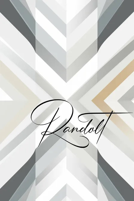 Abstract geometric design with layered zigzag patterns in various shades of grey, white, and beige, centered around the word 'Randolt' in elegant script.