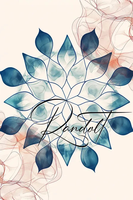 Abstract mandala design with blue and orange floral patterns and a script font overlay on a light background.