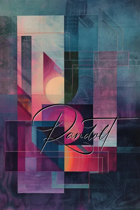 Abstract geometric art with layered shapes in purple, blue, and red, featuring "Randolf" script.