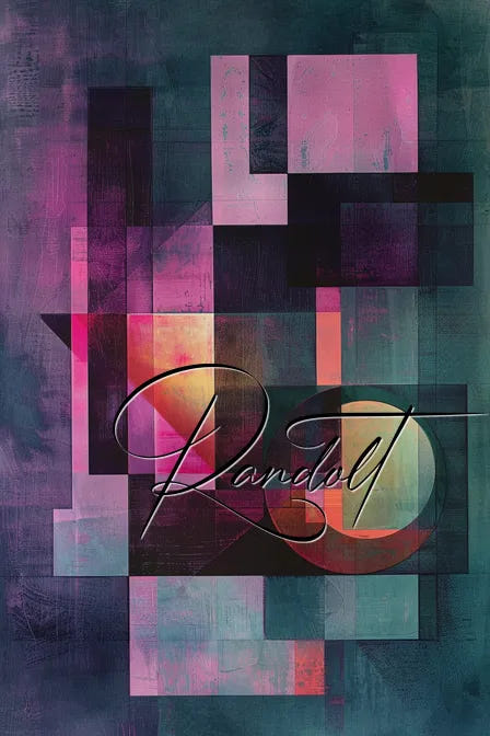 Abstract geometric art with pink, purple, and green overlapping rectangles and the word 'Random' in script.