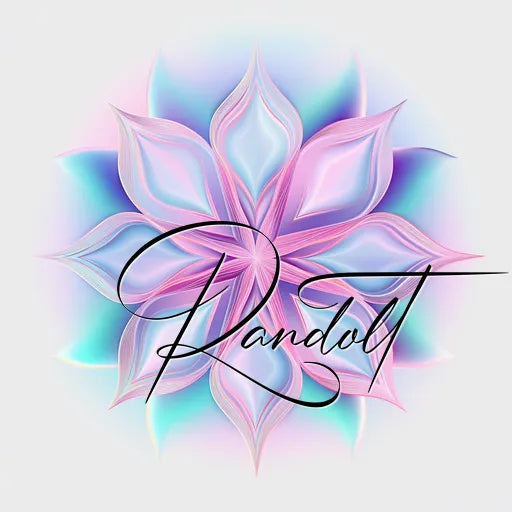 Abstract mandala with pink and teal petals and cursive text "Randolt" overlay.