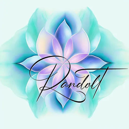 Abstract floral design with text "Randolt" over pastel petals in blue and purple hues on a light background.