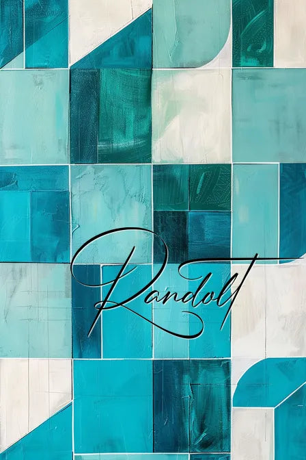 Abstract painting with blue and teal geometric pattern, featuring the word 'Randolf' in cursive.