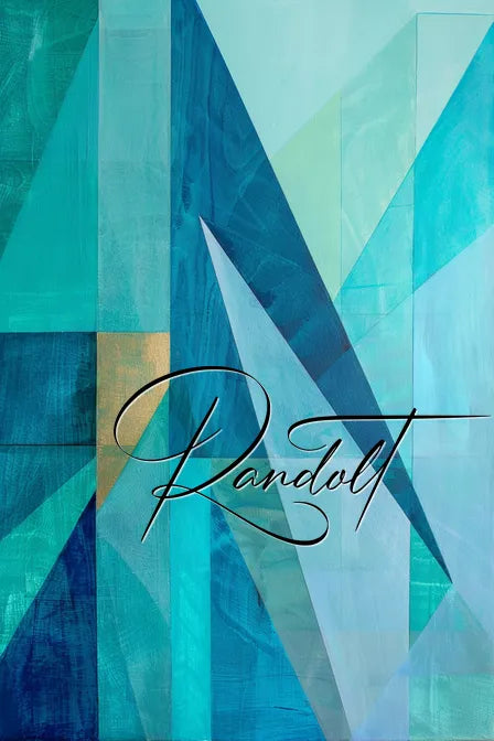 Abstract geometric painting with blue and teal triangles and overlapping shapes, featuring the name 'Randolt' in script font.