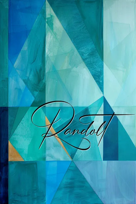 Abstract geometric artwork with shades of blue and green, overlaid with elegant script text reading 'Randolt'.