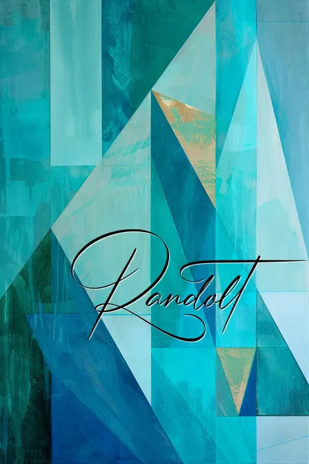 Abstract geometric painting in shades of blue and teal with "Randolt" written over it.