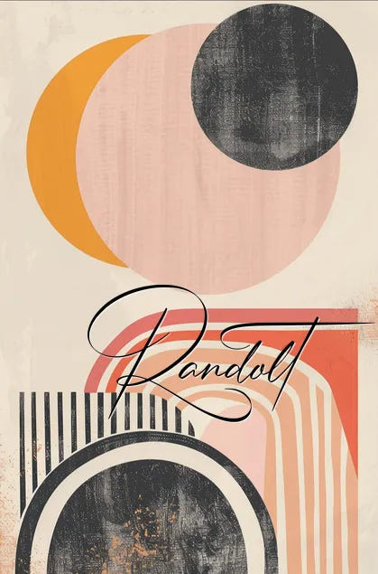 Abstract geometric art with overlapping circles, stripes, and the word 'Randolt' in cursive at the center.