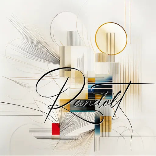 Abstract artwork with geometric shapes, lines, and a script word 'Razelou' on a light background.