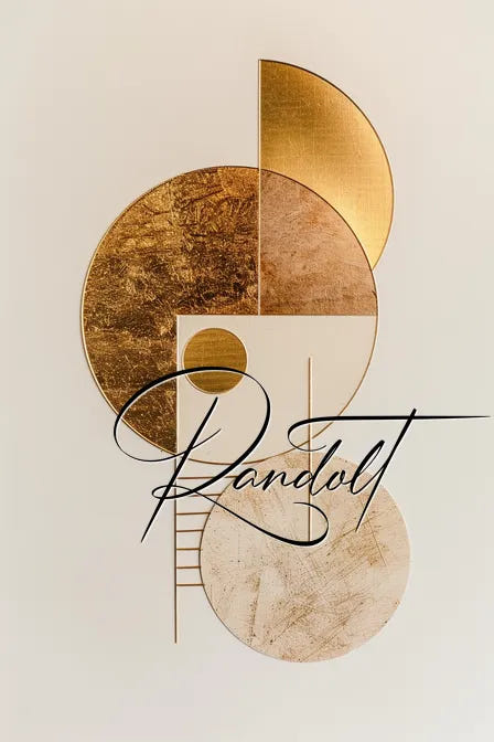 Abstract geometric art with gold and bronze circles and rectangles, featuring cursive text overlay.