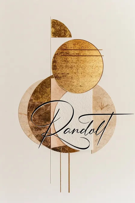 Abstract geometric design with circles and lines in gold and beige, featuring elegant cursive text overlay.