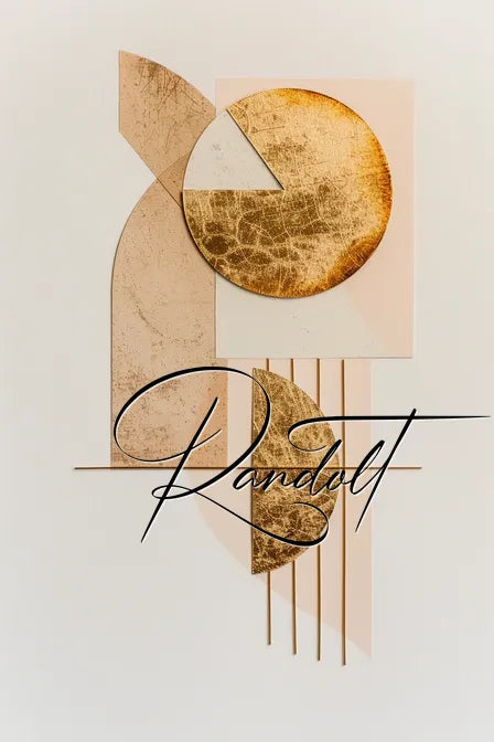 Abstract art with golden geometric shapes and elegant script reading 'Randolt' on a beige background.