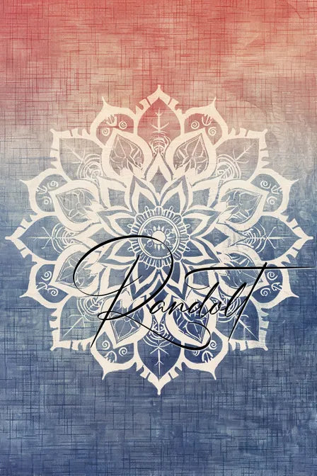 White mandala on textured red-blue gradient background with elegant script text overlay.