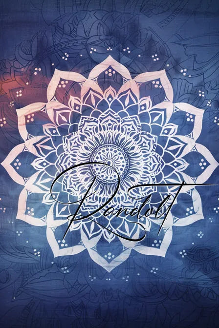 Intricate white mandala design on blue background with cursive script overlay.