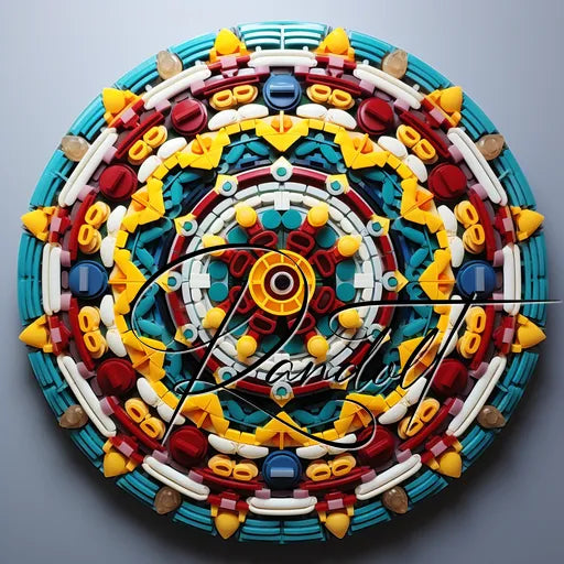 Colorful geometric LEGO mandala with intricate pattern and central circular design.