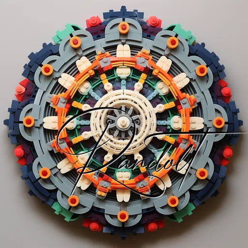 Colorful circular LEGO sculpture with intricate gears and patterns on a neutral background.