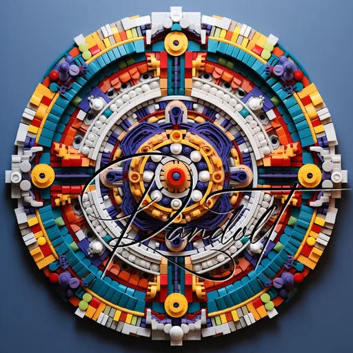 Colorful circular mandala made of LEGO pieces on a blue background with cursive text overlay.