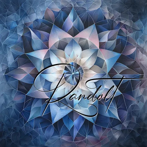 Abstract mandala design with blue and purple tones, featuring the word 'RandolT' in elegant script.