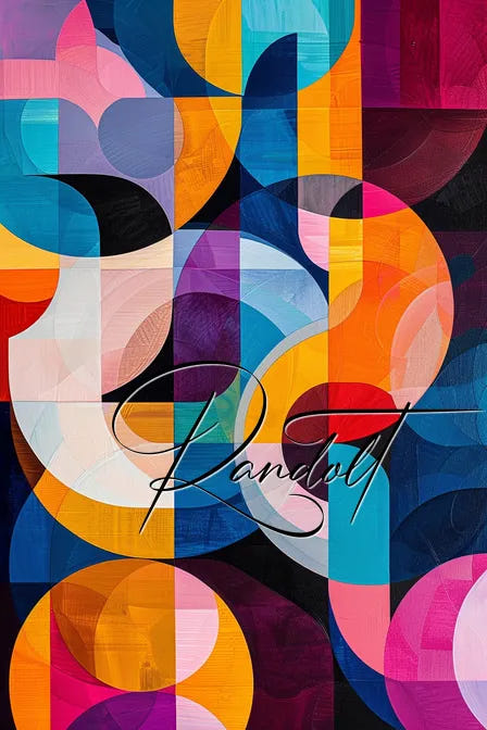 Colorful abstract geometric painting with layered circles and rectangles, featuring vibrant hues and bold shapes.