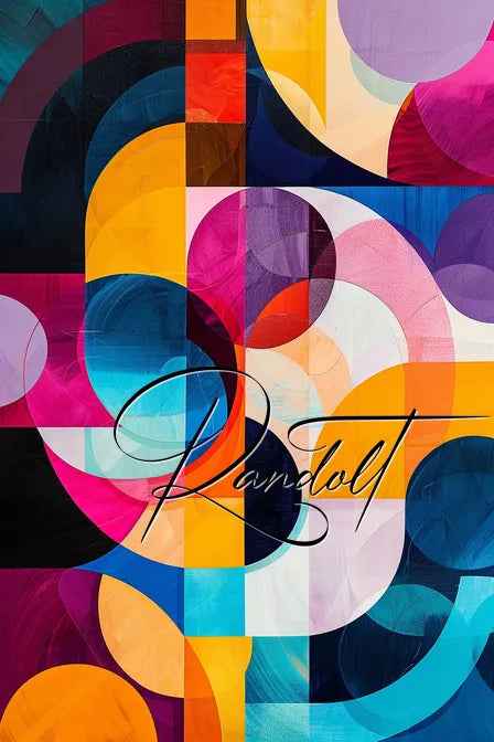 Colorful geometric abstract painting with circles and rectangles in blue, yellow, pink, and purple hues.