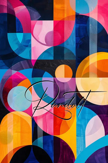 Colorful abstract geometric painting with overlapping circles and rectangles in vibrant hues of blue, pink, orange, and yellow.