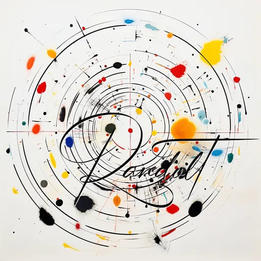 Abstract art with concentric circles, black lines, and colorful splashes, featuring the word 'Rorschach' in cursive.