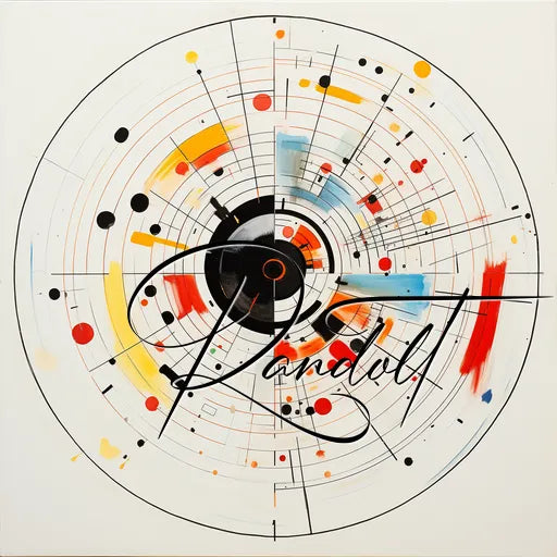 Abstract artwork with circular design, bold strokes in red, yellow, and blue, and cursive text overlay.