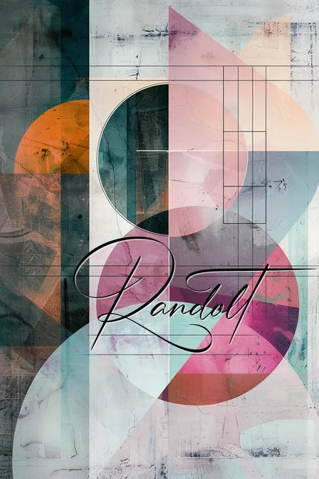 Geometric abstract art with overlapping circles and rectangles in muted tones, featuring cursive text "Randolt."