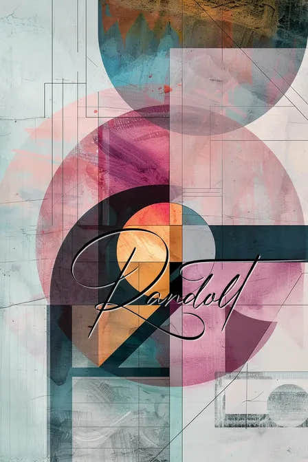 Abstract geometric artwork with overlapping circles and squares in pastel colors, featuring the name 'Randol' in script.