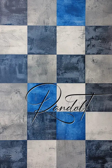 Checkered pattern with blue and gray squares and cursive script overlaid.