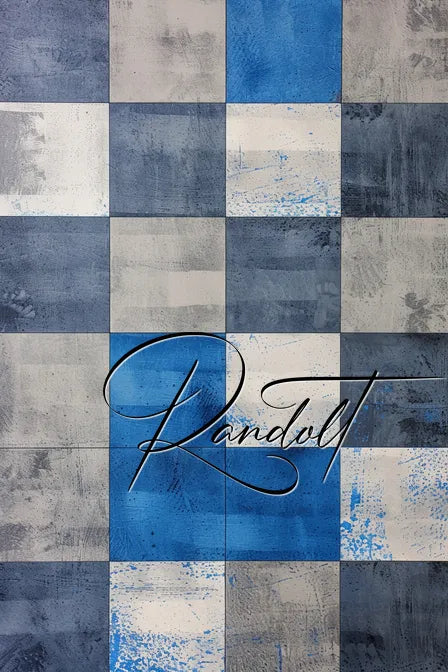 Abstract checkered design in blue, gray, and white with the word 'Randolt' in cursive across the center.