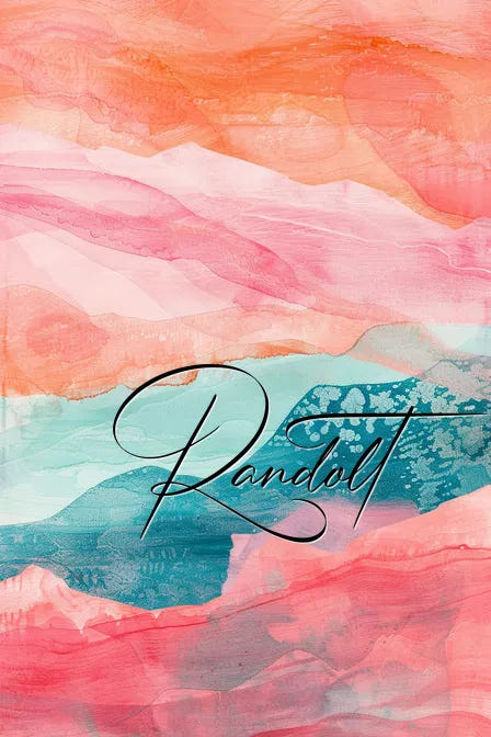 Abstract painting with pink and teal swirls, featuring elegant script text overlaying the composition.