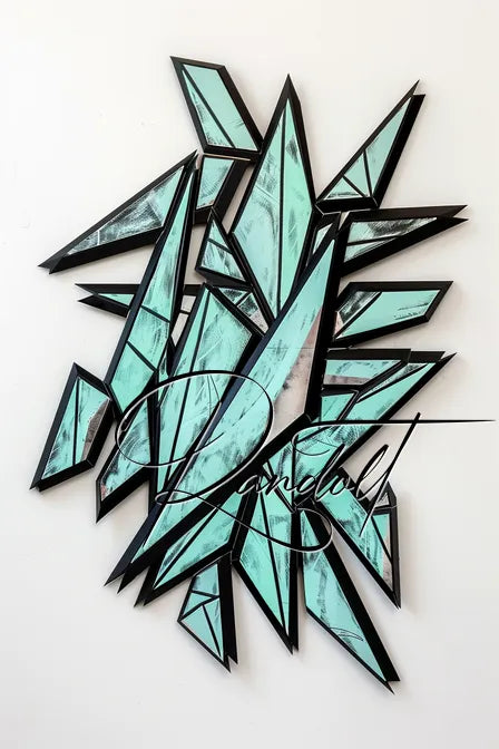 Geometric wall sculpture with angular green glass shapes and black outlines on a white background.