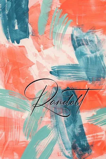 Abstract painting with coral and teal brushstrokes, featuring elegant cursive text in the center.