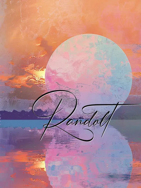 Colorful sunset with large moon and water reflection, cursive 'Randolt' text overlay.