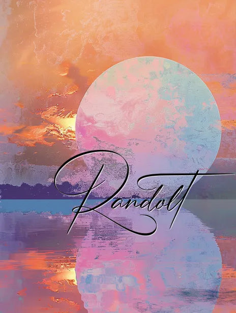 Colorful sunset with large moon and water reflection, cursive 'Randolt' text overlay.