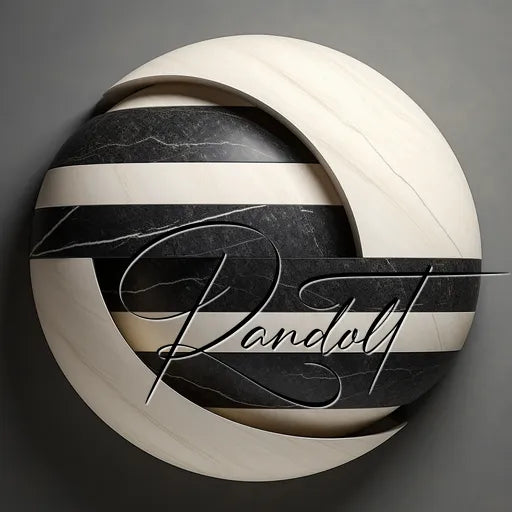 3D logo with geometric black, white, and gray patterns, featuring the word 'Randoll' in elegant script.