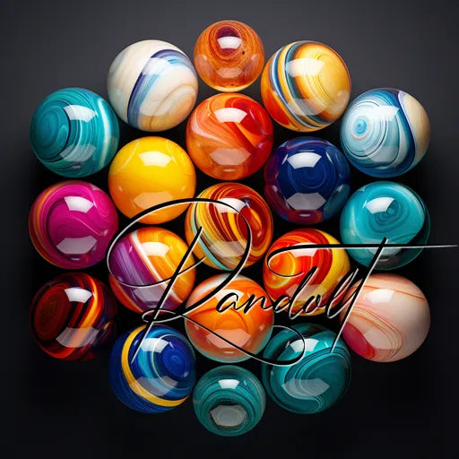 Colorful, glossy marbles arranged in a circle on a dark background. The word 'Randy' is written across them.