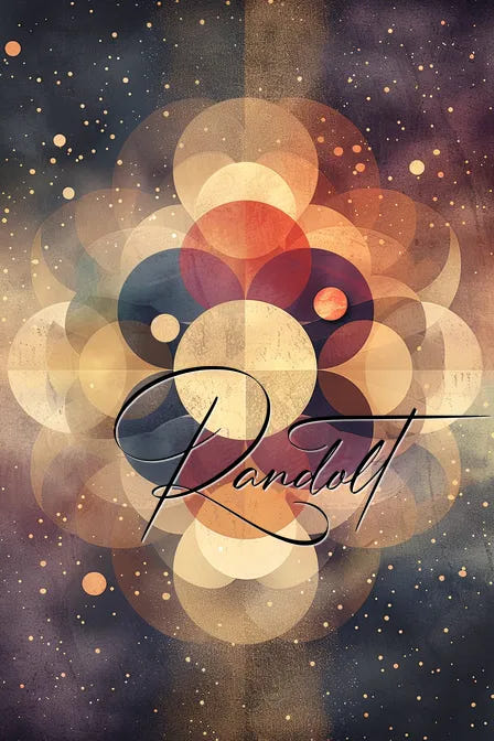 Geometric circles and orbs with a cosmic background and the word 'Randolt' in elegant script.