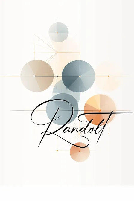 Abstract design with geometric circles in muted tones; cursive text spells 'Randol' across the center.