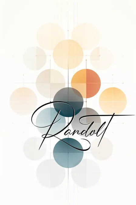 Abstract design with overlapping circles in beige, blue, and orange hues, featuring elegant cursive text "Randol."